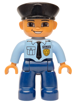 Duplo Figure Lego Ville, Male Police, Dark Blue Legs, Light Blue Top with Badge and Tie, Nougat Hands, Black Hat