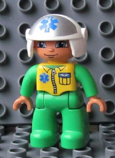 Duplo Figure Lego Ville, Male Medic, Bright Green Legs &amp; Jumpsuit with Yellow Vest, White Helmet with EMT Star of Life Pattern