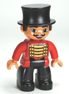 Duplo Figure Lego Ville, Male Circus Ringmaster, Black Legs, Red Top with Gold Braid, Top Hat, Brown Eyes (6023824)