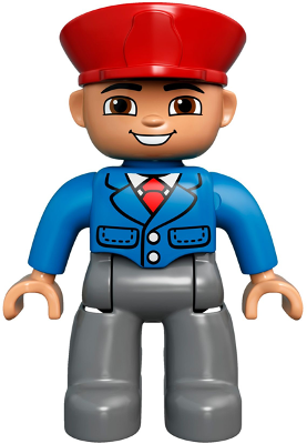 Duplo Figure Lego Ville, Male, Dark Bluish Gray Legs, Blue Jacket with Tie, Red Hat, Smile with Teeth (Train Conductor)