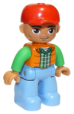 Duplo Figure Lego Ville, Male, Medium Blue Legs, Orange Vest, Dark Green Plaid Shirt, Bright Green Arms, Red Cap, Oval Eyes (6273449)