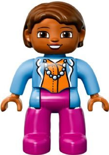Duplo Figure Lego Ville, Female, Magenta Legs, Medium Blue Top with Necklace, Dark Orange Head, Reddish Brown Hair