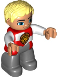 Duplo Figure Lego Ville, Male Castle, Dark Bluish Gray Legs, Red and White Chest with Lion on Shield, Bright Light Yellow Hair, Blue Eyes
