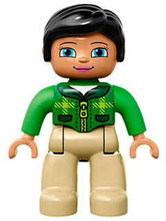 Duplo Figure Lego Ville, Female, Tan Legs, Green Top with Tartan Plaid and Zipper, Bright Green Arms, Black Hair (6138772)