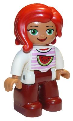 Duplo Figure Lego Ville, Female, Dark Red Legs, White Top with Bright Pink Stripes and Watermelon Pattern, Green Eyes, Red Hair