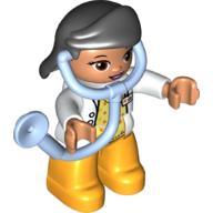 Duplo Figure Lego Ville, Female Medic, Bright Light Orange Legs, White Top with ID Badge, White Arms, Black Hair, Attached Stethoscope (6206123)