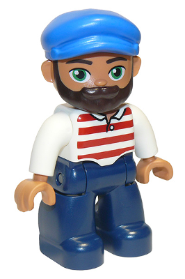 Duplo Figure Lego Ville, Male, Dark Blue Legs, White Shirt with Red Horizontal Stripes, Blue Cap and Beard