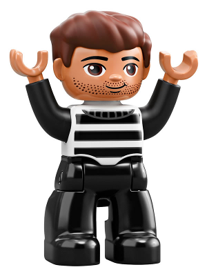Duplo Figure Lego Ville, Male, Black Legs, Black and White Striped Top, Reddish Brown Hair (Prisoner)