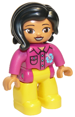 Duplo Figure Lego Ville, Female, Yellow Legs, Magenta Shirt with Flower, Black Hair