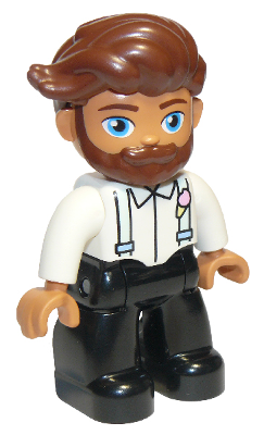 Duplo Figure Lego Ville, Male, Black Legs, White Top with Light Aqua Suspenders, Reddish Brown Hair, Beard (6293930)