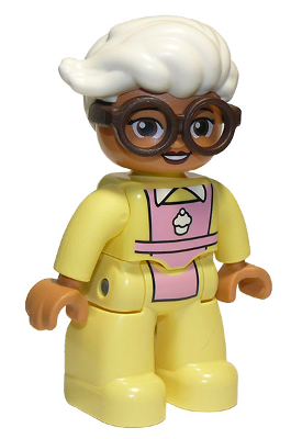 Duplo Figure Lego Ville, Female, Bright Light Yellow Suit with Bright Pink Apron, Dark Brown Glasses, White Hair (6294294)