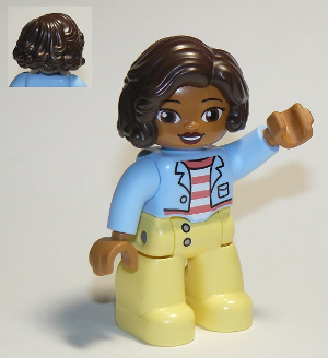 Duplo Figure Lego Ville, Female, Bright Light Yellow Legs, Bright Light Blue Top with Coral and White Stripes Shirt, Dark Brown Hair (6294848)