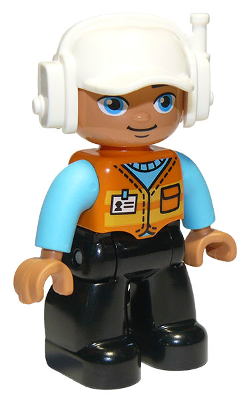 Duplo Figure Lego Ville, Male, Black Legs, Orange Vest with Badge and Pocket, Medium Azure Arms, White Cap with Headset (6301361)