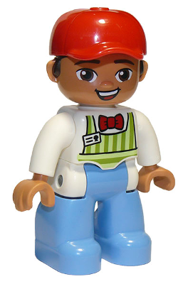 Duplo Figure Lego Ville, Male, Medium Blue Legs, Lime Striped Apron, Red Bow Tie, Dark Brown Hair, Red Cap (6295457)