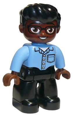 Duplo Figure Lego Ville, Male, Black Legs, Medium Blue Shirt with Pocket, Reddish Brown Head, Glasses, Black Hair Swept Forward, Oval Eyes (6295460)
