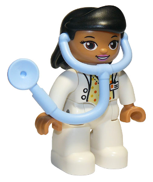 Duplo Figure Lego Ville, Female Medic, White Legs, White Top with ID Badge, White Arms, Black Hair, Attached Stethoscope (6295936)
