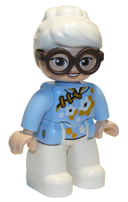 Duplo Figure Lego Ville, Female, White Legs, Bright Light Blue Top with White and Bright Light Orange Flowers, Dark Brown Glasses, White Hair