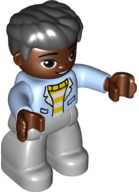 Duplo Figure Lego Ville, Male, Light Bluish Gray Legs, White and Yellow Top with Bright Light Blue Jacket, Black Hair (6362255)
