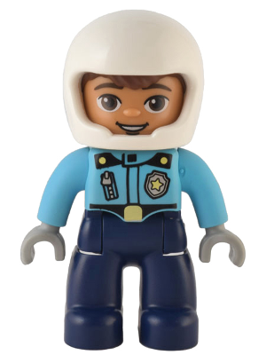 Duplo Figure Lego Ville, Male Police, Dark Blue Legs, Medium Azure Top with Badge and Zipper, White Helmet (6374643)