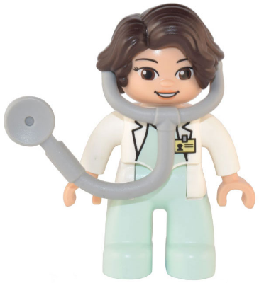 Duplo Figure Lego Ville, Female Medic, Light Aqua Legs, White Top with ID Badge, White Arms, Dark Brown Hair, Attached Stethoscope (6374984)