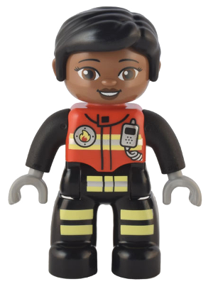 Duplo Figure Lego Ville, Female Firefighter, Black Legs with Reflective Stripes, Red Vest with Silver Fire Badge and Radio, Black Hair, Reddish Brown Eyes (6374797)