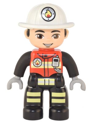 Duplo Figure Lego Ville, Male Firefighter, Black Legs with Reflective Stripes, Red Vest with Silver Fire Badge and Radio, Light Nougat Face, White Helmet with Fire Badge (6374293)