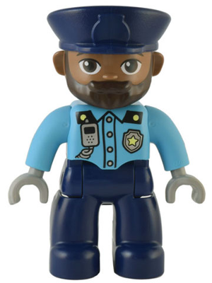 Duplo Figure Lego Ville, Male Police, Dark Blue Legs, Medium Azure Top with Silver Badge and Radio, Dark Blue Hat (6374803)