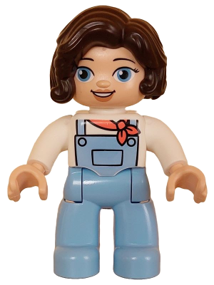 Duplo Figure Lego Ville, Female, Bright Light Blue Legs with Overalls, White Top, Dark Brown Hair (6427981)