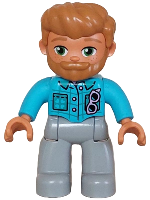 Duplo Figure Lego Ville, Male, Light Bluish Gray Legs, Medium Azure Jacket with Bright Pink Buttons and Glasses Pattern, Medium Nougat Hair and Beard (6465885)