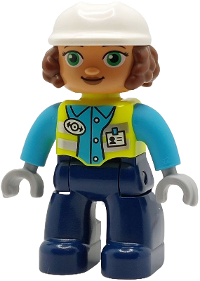 Duplo Figure Lego Ville, Female Railway Worker, Dark Blue Legs, Neon Yellow Vest with Name Tag and Train Logo, Medium Azure Shirt, Light Bluish Gray Hands, White Construction Helmet  (6489390)