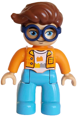 Duplo Figure Lego Ville, Male, Medium Azure Legs, Orange Plaid Jacket over White Shirt with Silver Buttons, Yellow Collar and Pocket, Bricks Pattern, Reddish Brown Hair, Attached Dark Blue Glasses (64