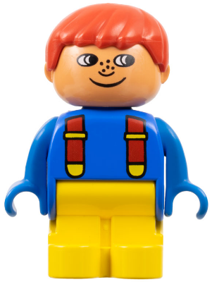 Duplo Figure, Child Type 1 Boy, Yellow Legs, Blue Top with Red Suspenders, Red Hair, Freckles, White in Eyes