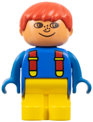 Duplo Figure, Child Type 1 Boy, Yellow Legs, Blue Top with Red Suspenders, Red Hair, Freckles