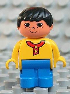 Duplo Figure, Child Type 1 Boy, Blue Legs, Yellow Top with Buttons and Red Collar, Black Hair, Grin