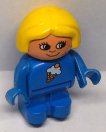Duplo Figure, Child Type 1 Girl, Blue Legs, Blue Top with Ice Cream Cone Pattern, Yellow Hair