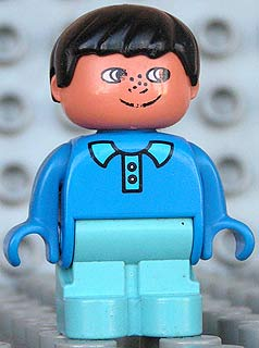 Duplo Figure, Child Type 1 Boy, Maersk Blue Legs, Blue Top with Collar and 2 Buttons, Black Hair