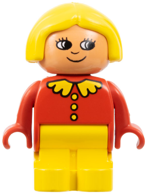 Duplo Figure, Child Type 1 Girl, Yellow Legs, Red Top with Collar and 3 Buttons, Yellow Hair, White in Eyes