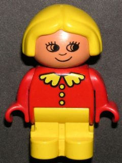 Duplo Figure, Child Type 1 Girl, Yellow Legs, Red Top with Collar and 3 Buttons, Yellow Hair