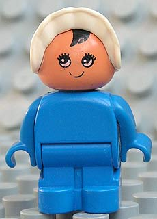 Duplo Figure, Child Type 1 Baby, Blue Legs, Blue Body, White Bonnet