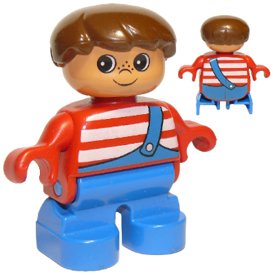 Duplo Figure, Child Type 2 Boy, Blue Legs, Red Top with White Stripes and Blue Overalls with One Strap (4114486)