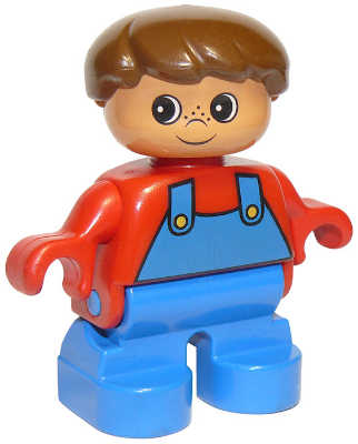 Duplo Figure, Child Type 2 Boy, Blue Legs, Red Top with Blue Overalls, Brown Hair