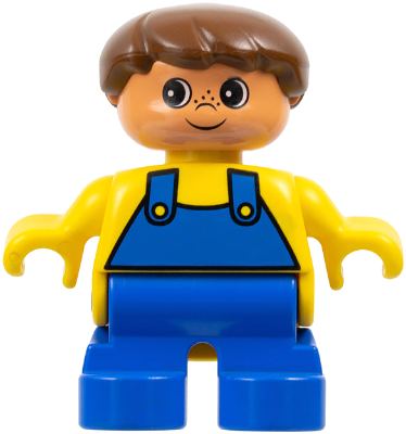 Duplo Figure - Male, Child Boy, Blue Legs, Yellow Top with Overalls Pattern, Brown Hair, Nougat Head (75487)
