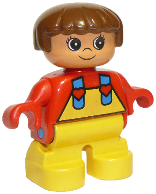 Duplo Figure, Child Type 2 Girl, Yellow Legs, Red Top with Yellow Overalls and Hearts on Straps