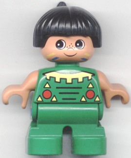 Duplo Figure, Child Type 2 Boy, Green Legs, Green Top, Black Hair (Native American)