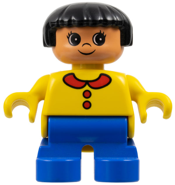 Duplo Figure, Child Type 2 Girl, Blue Legs, Yellow Top with Collar and 2 Buttons, Black Hair (75494)