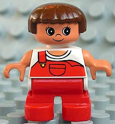 Duplo Figure, Child Type 2 Girl, Red Legs, White Top with Red Overalls with one Strap
