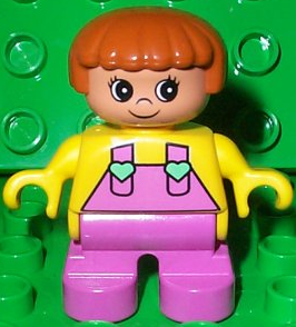 Duplo Figure, Child Type 2 Girl, Dark Pink Legs, Yellow Top with Dark Pink Overalls and Hearts on Straps