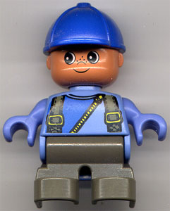 Duplo Figure, Child Type 2 Boy, Dark Gray Legs, Suspenders with Yellow Zipper, Blue Cap