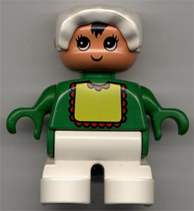 Duplo Figure, Child Type 2 Baby, White Legs, Green Top with Yellow Bib with Red Lace, White Bonnet (75464)