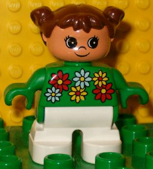 Duplo Figure, Child Type 2 Girl, White Legs, White, Red and Yellow Flowers, Brown Hair